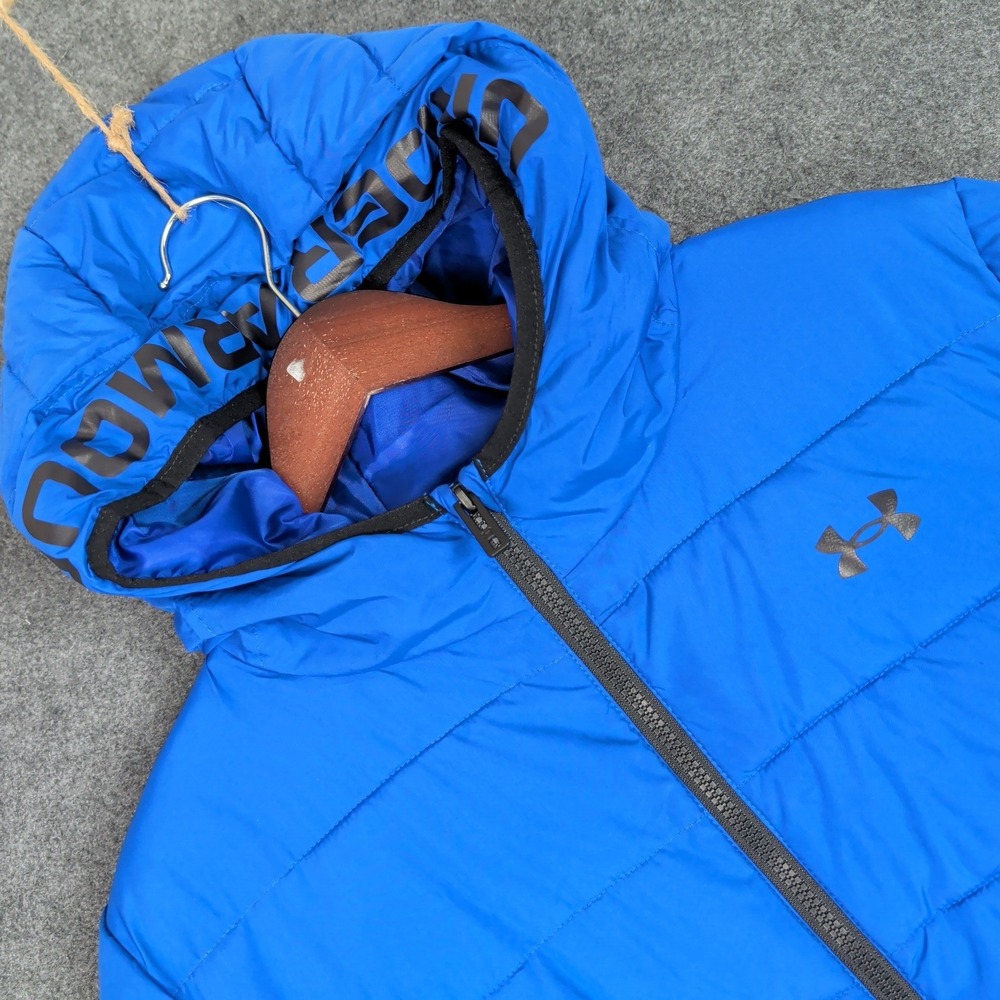 Under Armour Boys YXL Blue Black Colorblock Hooded Puffer Jacket Zip Up Coat